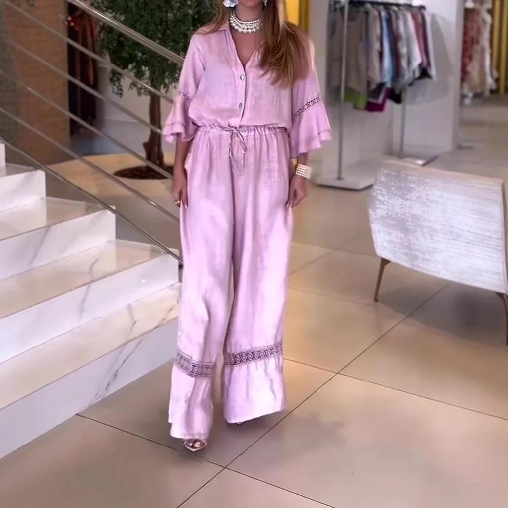 Summer Women's Casual Solid-color Lapel Lotus Leaf Sleeve Mid-waist Pocket Jumpsuit