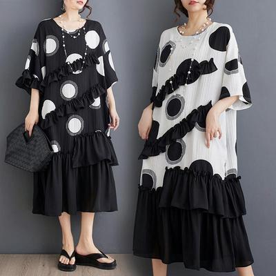 Vestido Feminino Plus Size Primavera Verão Estilo Oversize Chiffon Estampa Elegante Preto Vestido Longo Solto Vestido de Senhora