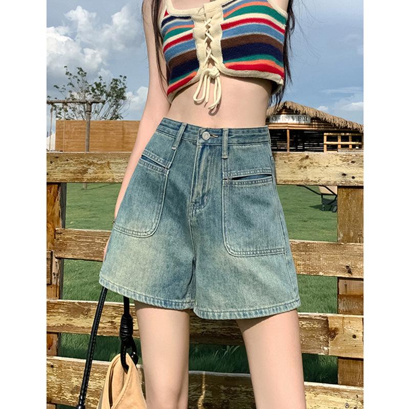 

Women s High-Waisted A-Line Denim Shorts - Retro Wide-Leg Design for Spring & Summer 2XL