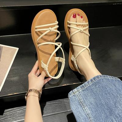 Fashion Comfort Shoes for Women Female Sandal Cross Soft 2025 Summer Strappy Heels Open Toe Girls Beach Flat Low Beige New Peep Elastic