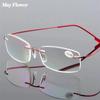 May Flower Titanium Alloy Rimless Reading Glasses Light Square Flexible Blue Proof Glasses Frame Women Anti-Blue Ray Glasses Men