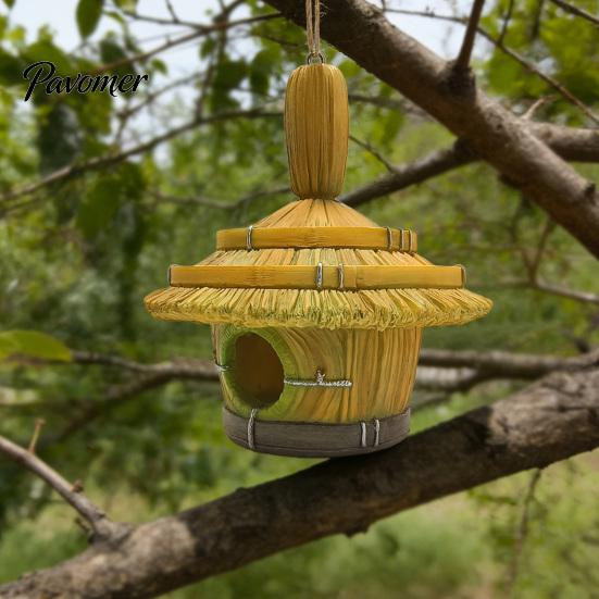 Easy To Install Bird House Thatched Hut House, Decorative Resin Weatherproof Small Animal for Trees Hanging Shelter Outdoor Garden Backyard