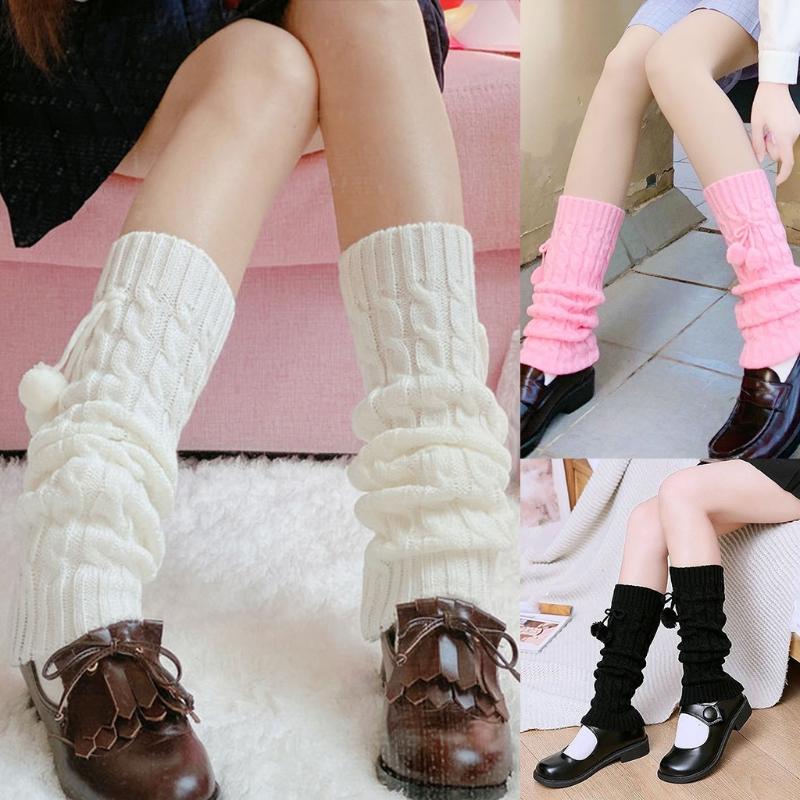 Winter Long Knit Foot Cover Crochet Leg Warmers Leggings Warm Solid Color Braided Striped Knee High Socks for Women