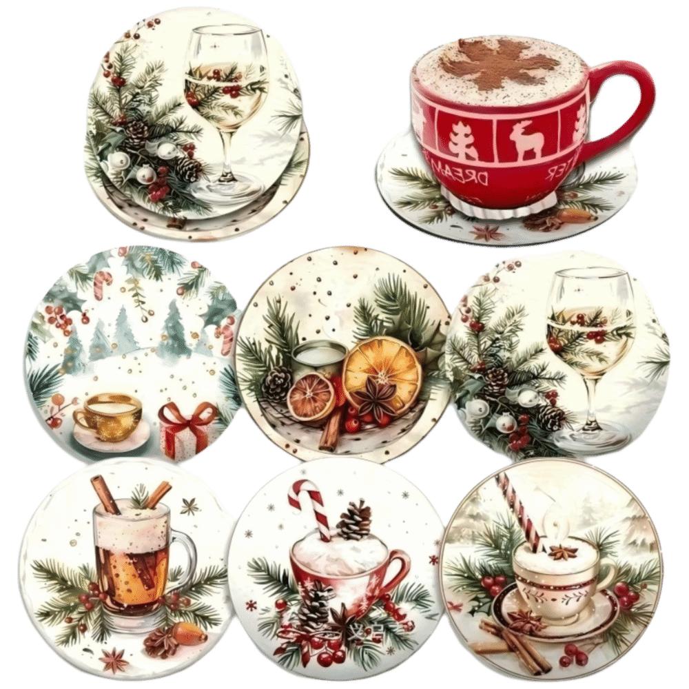 6pcs Snowman Santa Claus Coaster Wooden Coffee Cup Mat Christmas Drink Coaster  Christmas Party