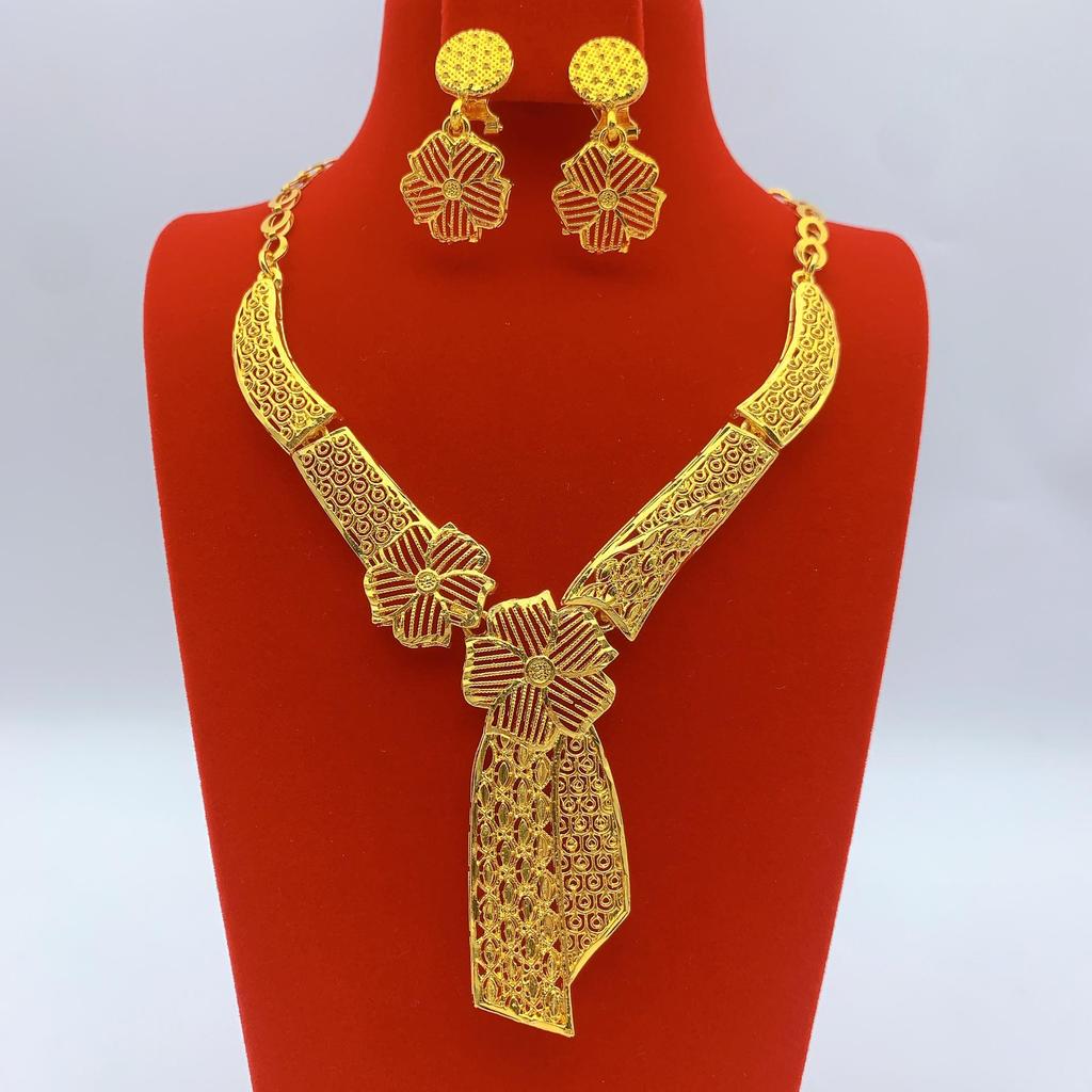 Gold-Plated Brass Flower Necklace & Earrings Set for Women's Wedding Jewelry