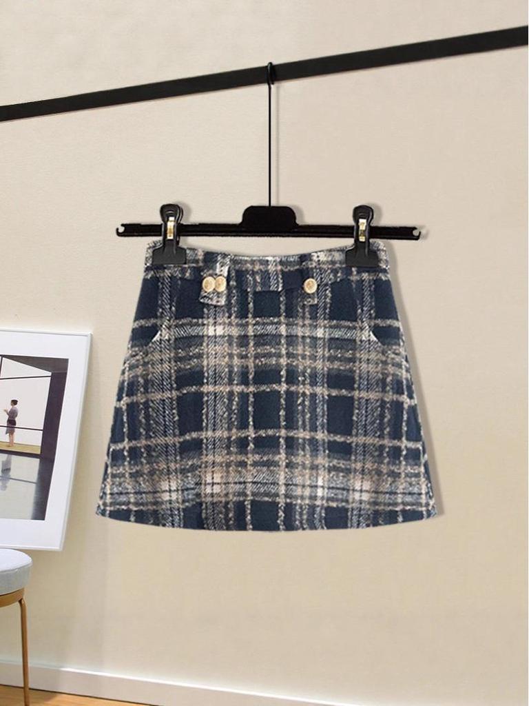 Jupe Midi A-Line à Carreaux - Taille Haute, Coupe Slim, Style Élégant pour le Nouvel An pour Automne/Hiver