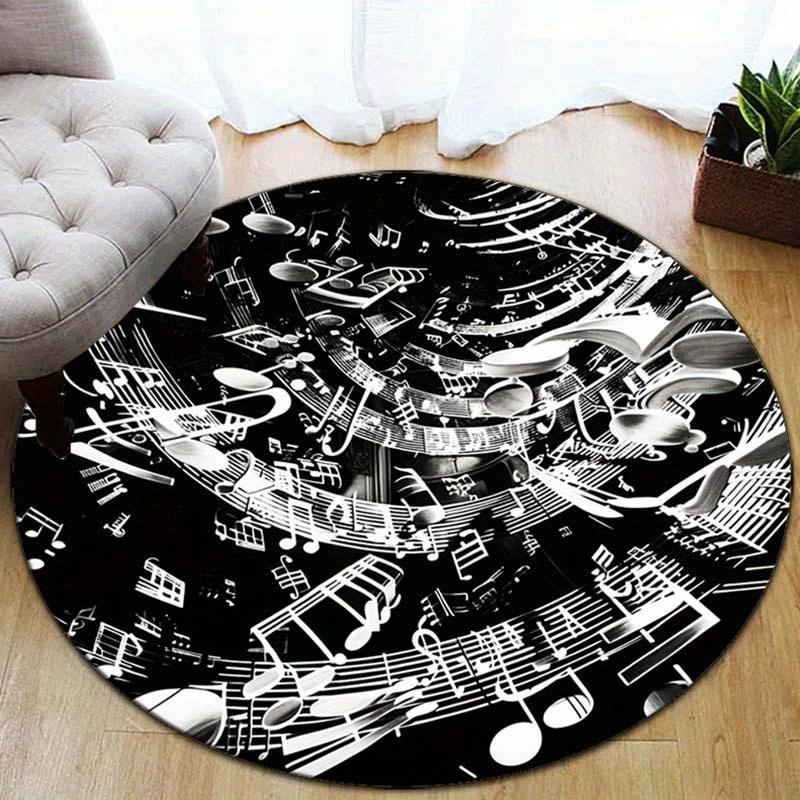 

Black and White Music Note Print Round Rug – Soft Polyester Non-Slip Carpet for Bedroom, Living Room, or Home Office Decor, Crystal Velvet, 80cm