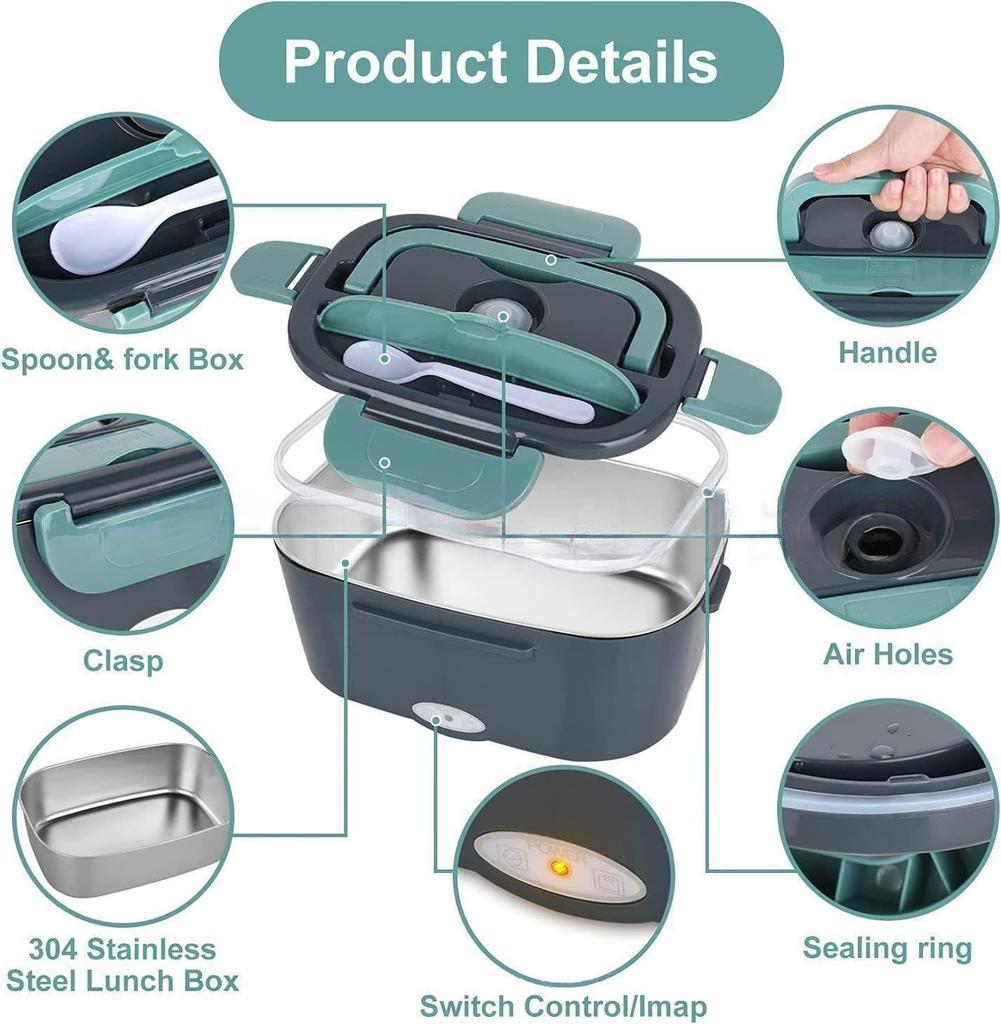 Car Household Electric Heated Lunch Box 2-In-1 Water-Free Insulated Lunch Box Plug-In Portable