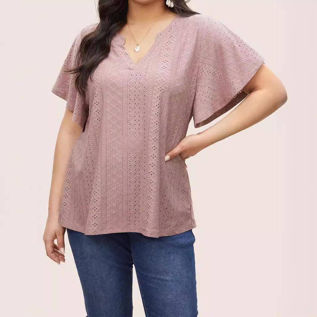2024 Summer Women's Plus Size V-Neck Batwing Sleeve Hollow Breathable T-Shirt
