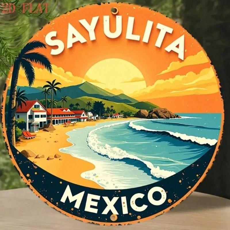 Металлический плакат Sayulita Мексика Пляжный город Пальмы Настенное искусство Декор гостиной