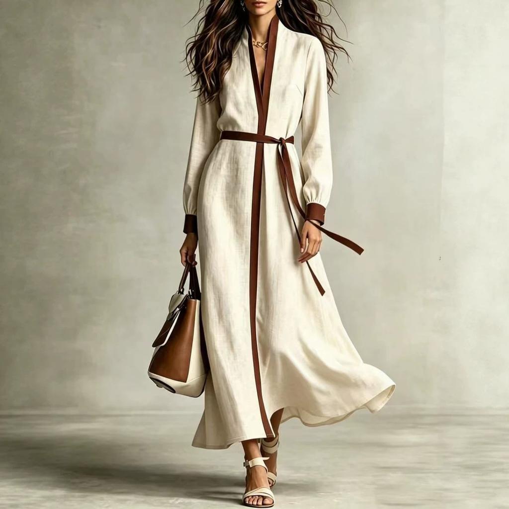 Women Color Block Trim V Neck Long Sleeve Belted Maxi Dress Casual Loose Fit Dress