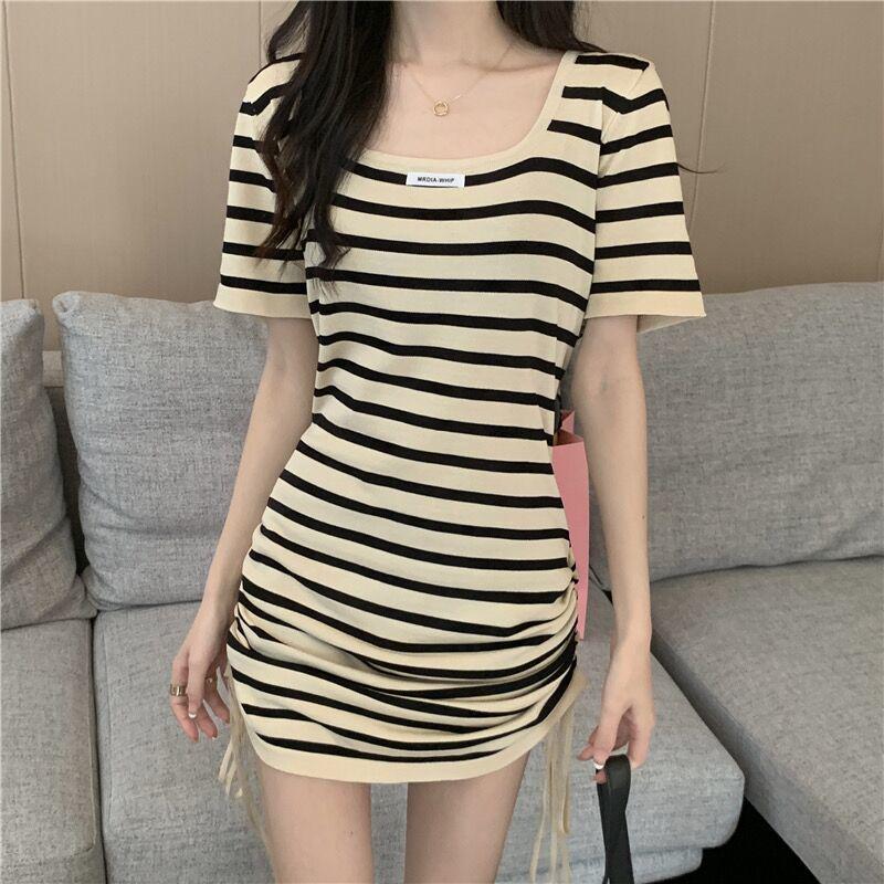2025 French Square Neck Striped Drawstring Dress - Petite Summer Hip-Hugging Skirt for Women