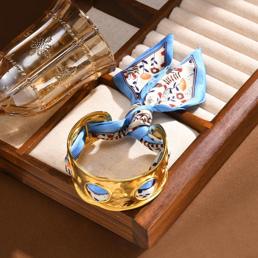 Silk Scarves Hollow Open Bangle Bracelet For Women, Chunky Wrist Cuff Wrap Bracelet Stainless Steel Gold Plated Wide Jewelry