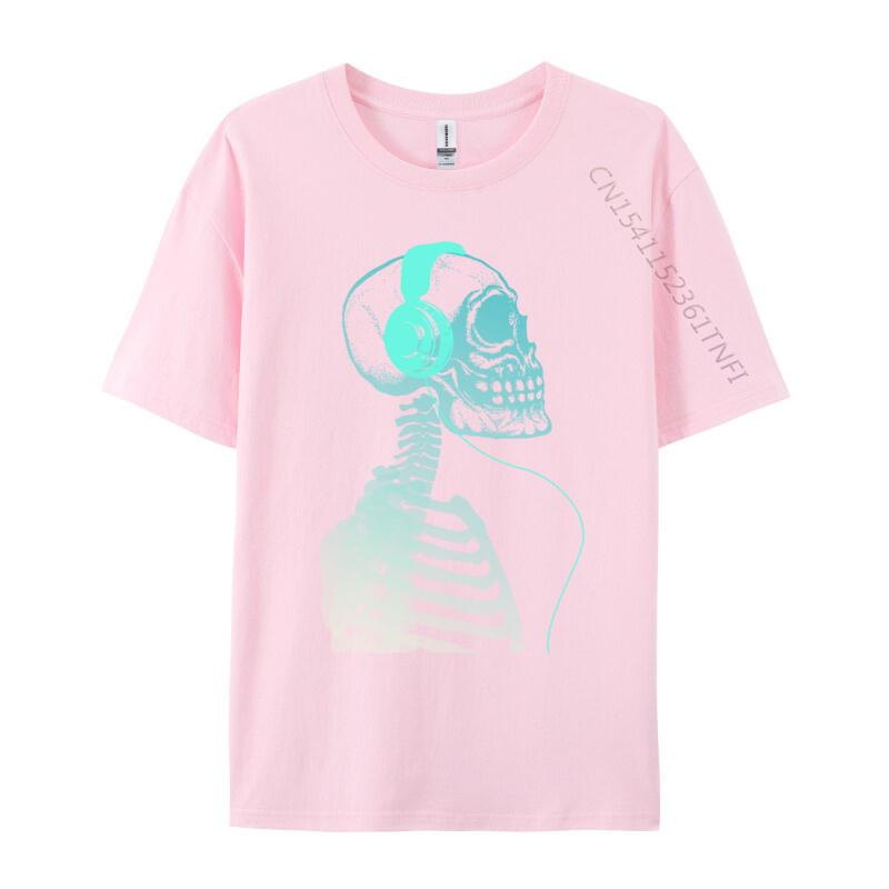 Skeleton Listening To Music With Headphones On His Skull T Shirt Black Vintage T-Shirt Pure Cotton Unique Camisas Hombre