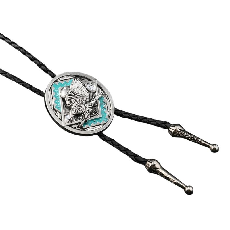 Mens Adjustable Leather Cord Bolo Tie with Enamel Metal Badge Pendant Western Rodeos Outfit Shirt Chain Necktie Necklace