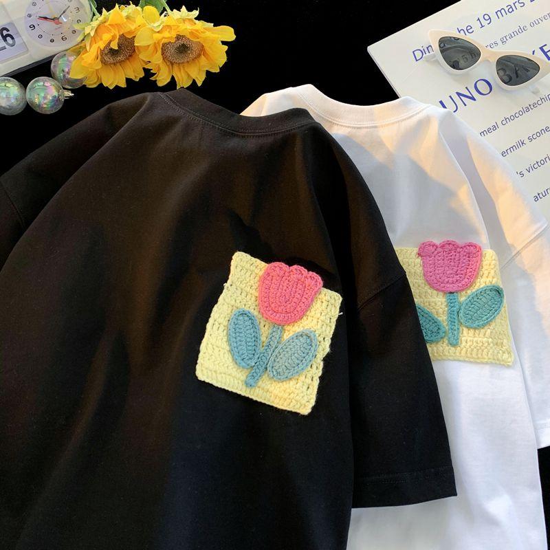 

Футболка с короткими рукавами из плотного хлопка с вышивкой для мужчин и женщин, летняя дизайнерская ниша для пар в стиле ретро, ​​большие размеры -300, модный бренд