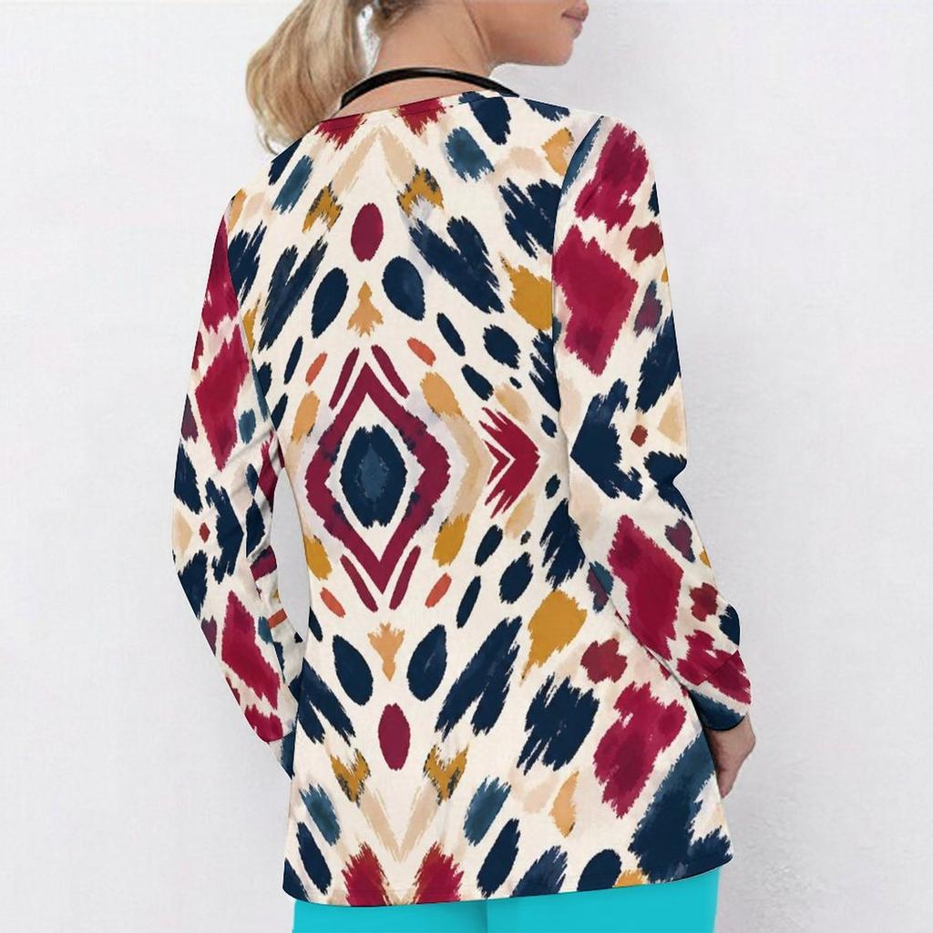 Women Plus Size Printed V Neck Long Sleeve Nurse Scrub Top With Front Pockets
