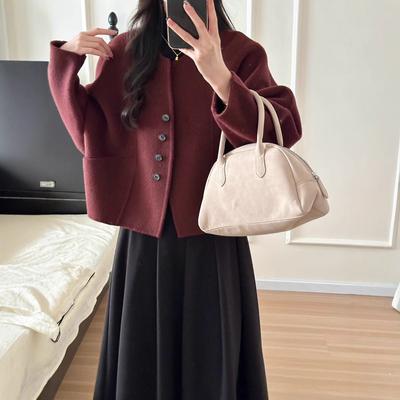 Herbst und Winter Einfarbig Kurz Einreihig Beidseitiger Wollwollmantel für Damen Petite Lässiger Wollmantel