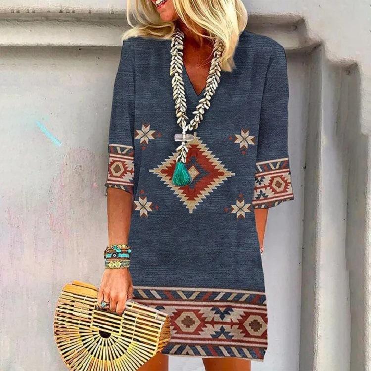 

Новое весенне-летнее платье свободного кроя с V-образным вырезом, с принтом в этническом стиле, с короткими рукавами, женская одежда 5XL синий