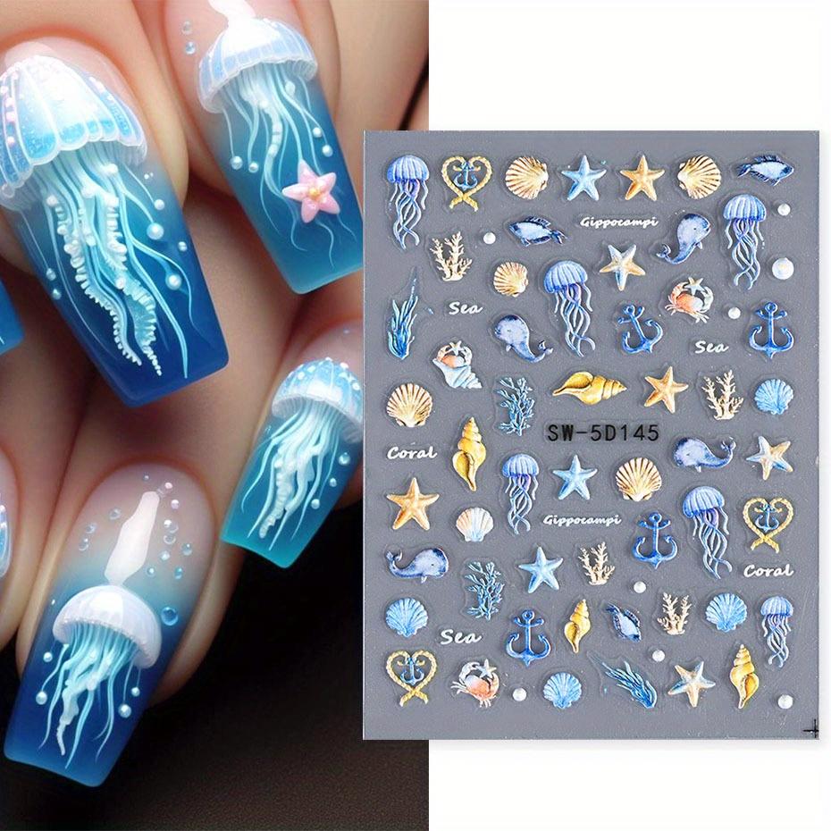 5D Jellyfish Summer Beach Nail Stickers White Shell Starfish Screw Adhesive Sliders Mermaid Embossed Decals Manicure Foils Decor