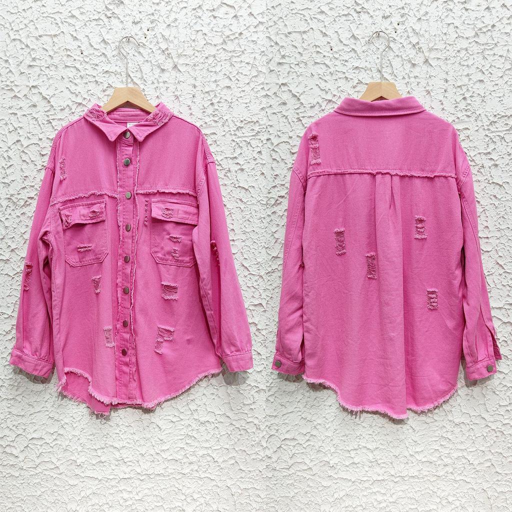 Ny 2023 Dame Høst/Vinter Denim Cardigan - Ensfarget, Enkeltradet Skjortejakke med Nedslått Krage