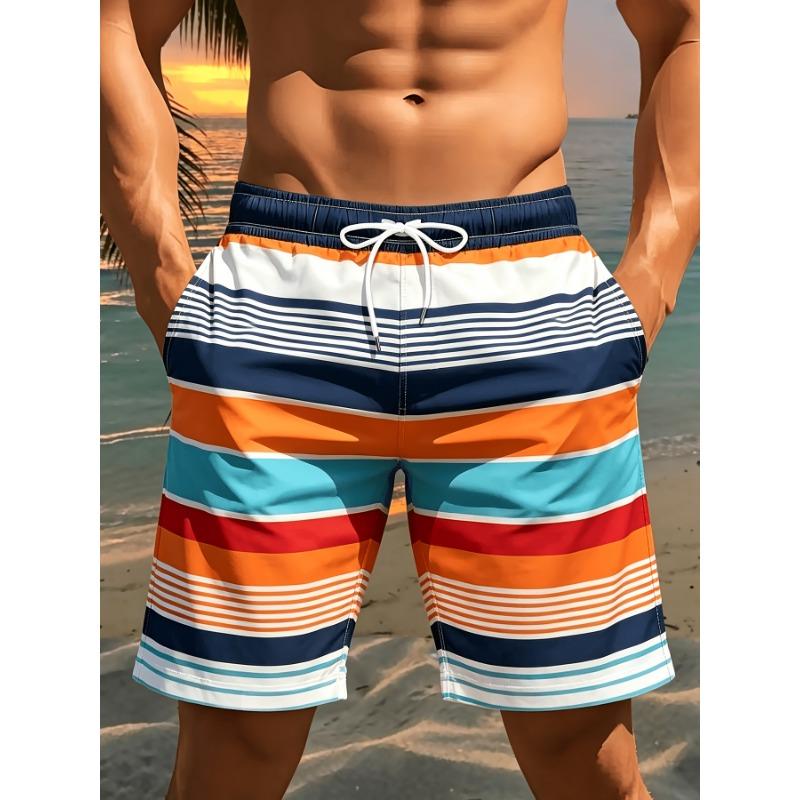 Printed Design - Men S Beach Shorts, Casual Versatile Shorts with Colorful Horizontal Stripes Pattern Print S