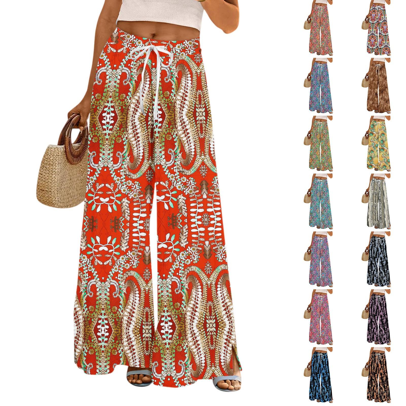 

Women s Printed Wide Leg Pants With Pockets High Waist Drawstring Loose Casual Pants L синій
