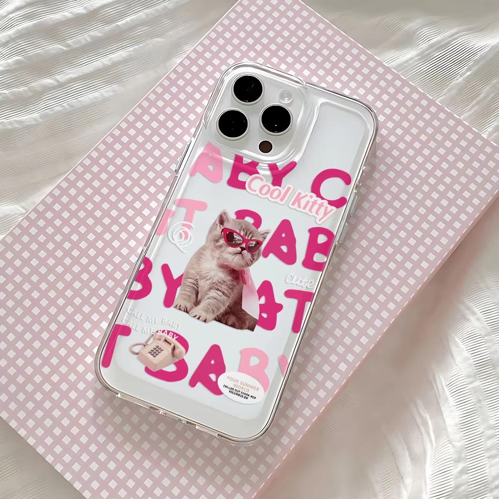 

INS Cute Kitty Pink Letters Phone Case For iPhone 16 15 14 13 12 11 Pro Max 7 8 Plus XR XS Max Shockproof Transparent Back Cover iPhone 16 Pro