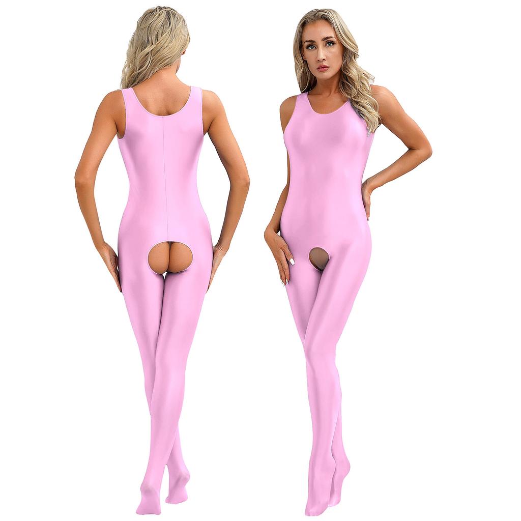 Dámské hladké body s plným krytím a otevřeným rozkrokem, body bez rukávů s U výstřihem, kombinéza s chodidly, lesklý strečový jednobarevný unitard, noční prádlo