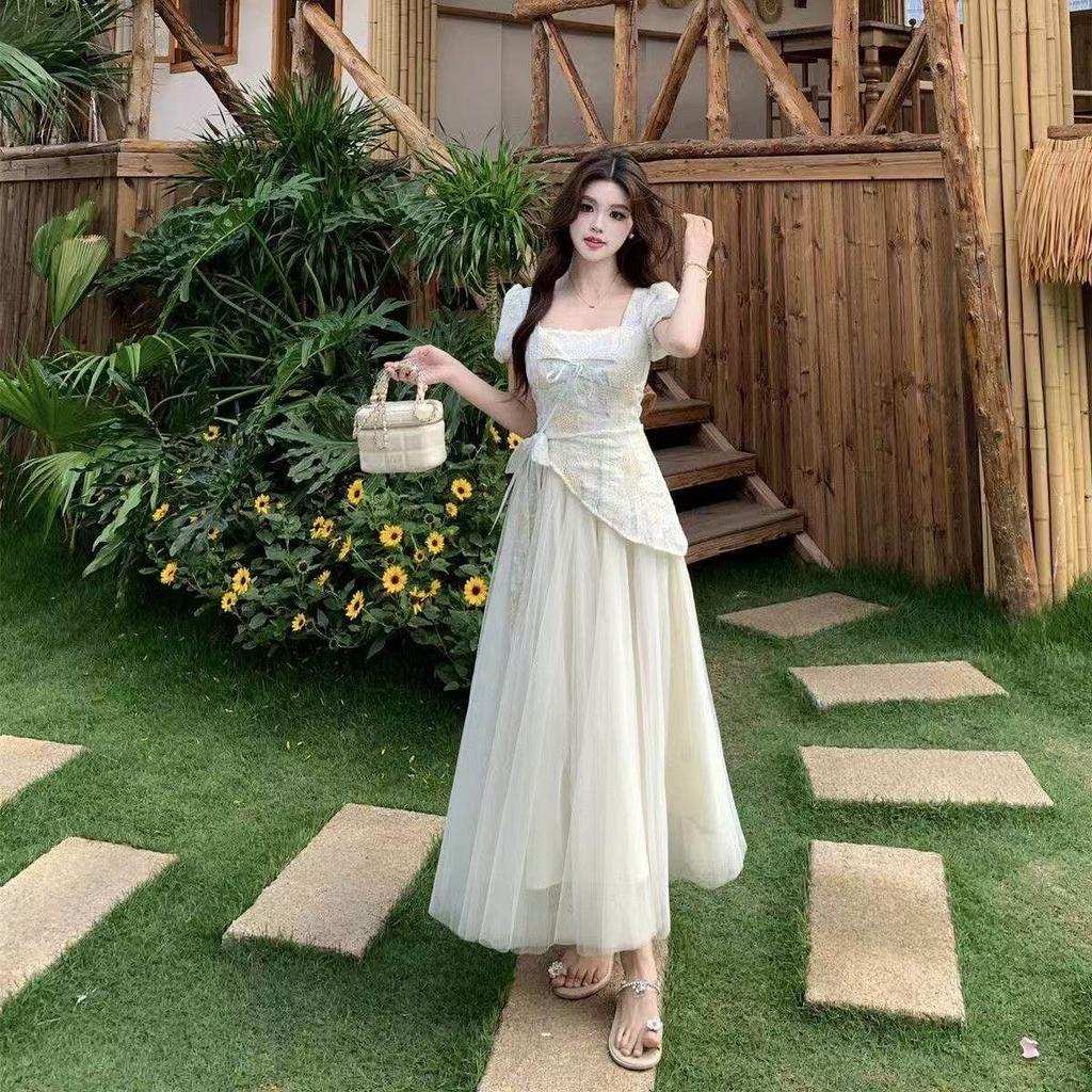 French sweet little fairy dress women's summer high-end fake two short-sleeved temperament waist long skirt