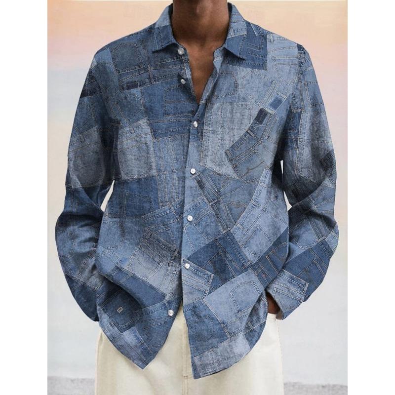 Herren Geometrisches Color Block Hemd Button-Up Hemd Langarm Mode Lässig Urlaub Umlegekragen 3D-Druck Polyesterhemden