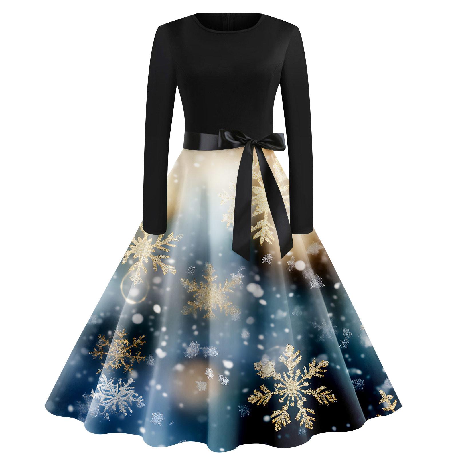 

Женское винтажное классическое платье с воротником на талии и галстуком-бабочкой с длинными рукавами и рождественским принтом, с круглым вырезом, свободное платье L