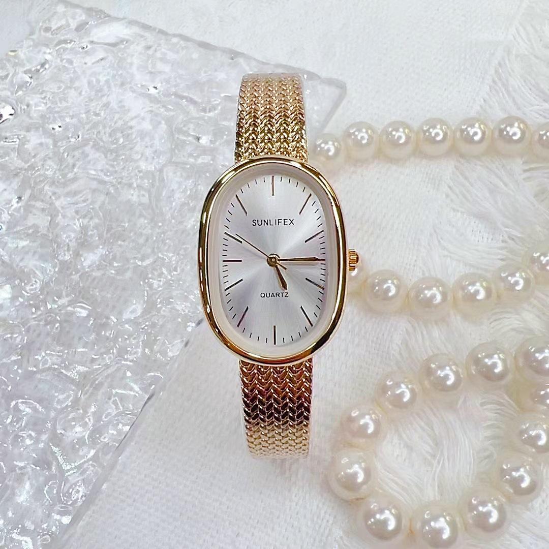 Oval Fashion Temperament Scale High-end Simple Wheat Mesh Belt Quartz Watch Women s Watch