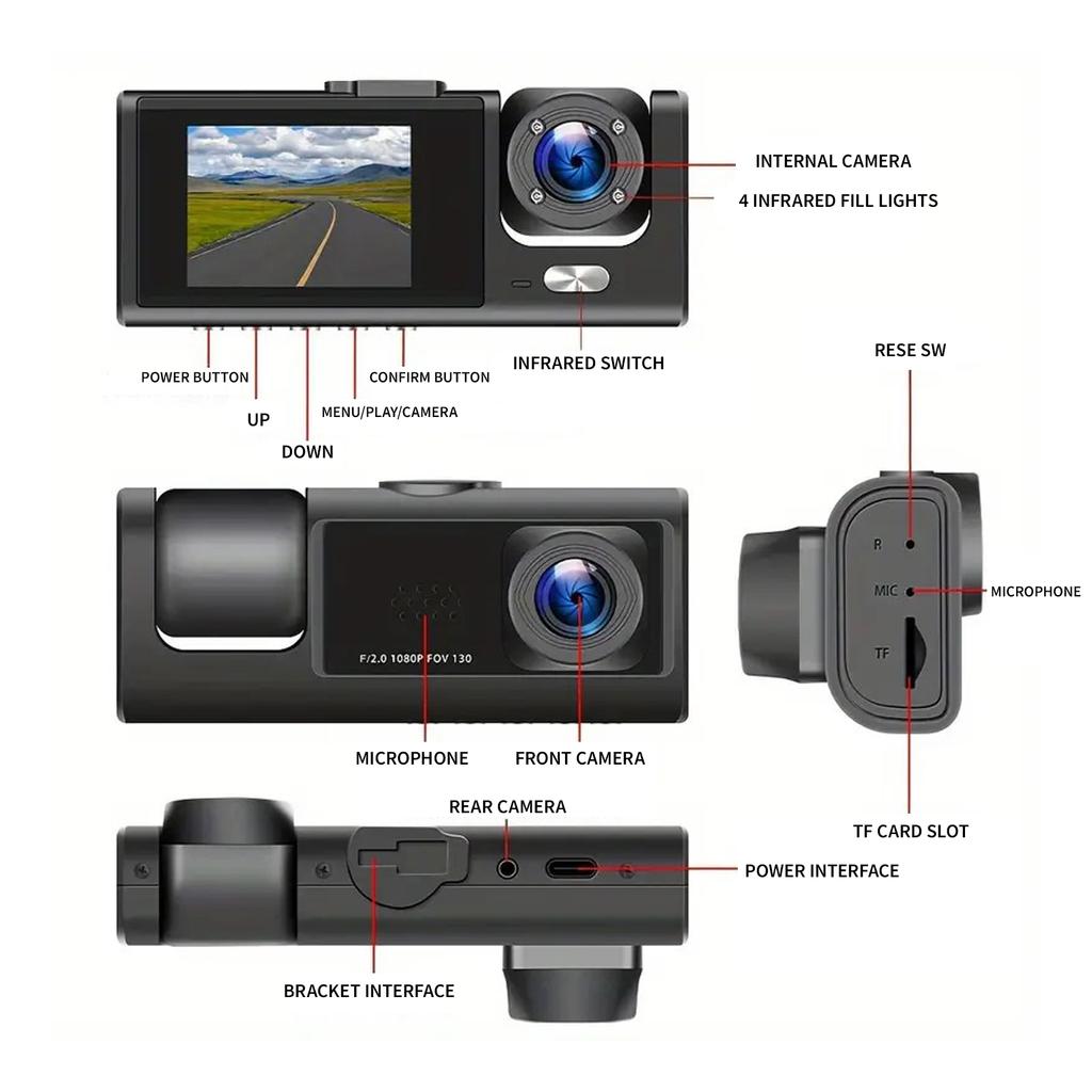 FHD1080P 2Inch Dash Cam Car DVR Night Vision WIFI 3Camera Lens Motion Detection Front Inside Rear Wide Angle Driving Recorder