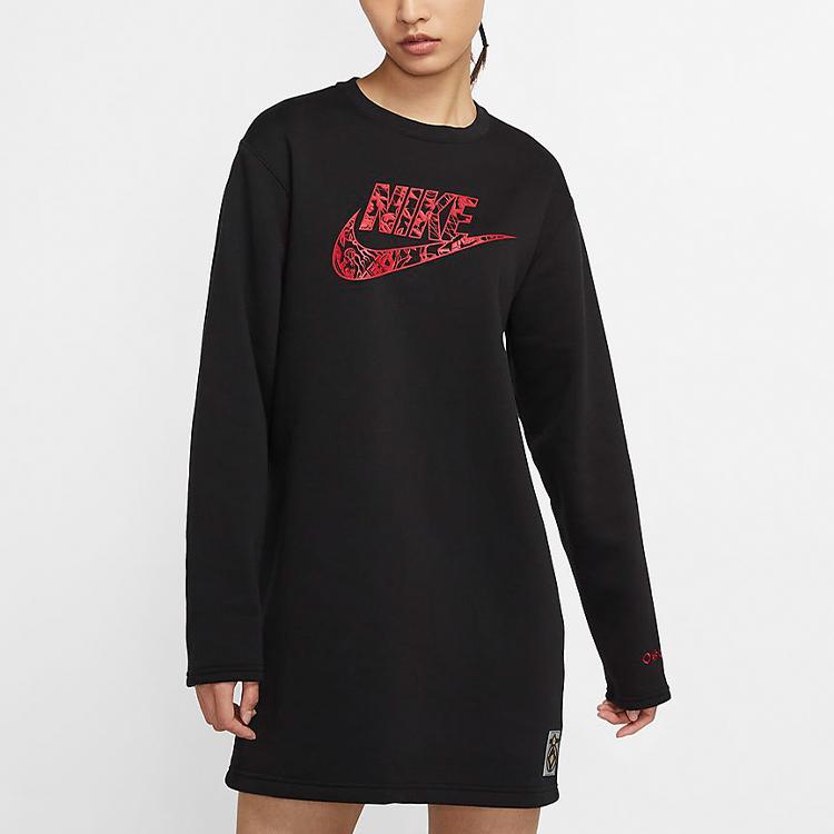 Nike Sportswear Round Neck Long Sleeve Fleece Dress Women Dresses Black CU3661-010