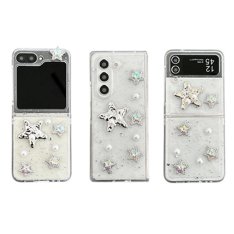 Samsung Z Flip 8/Z Fold 7 Glitter Pearl Hard Case with Stars, Transparent, for Women