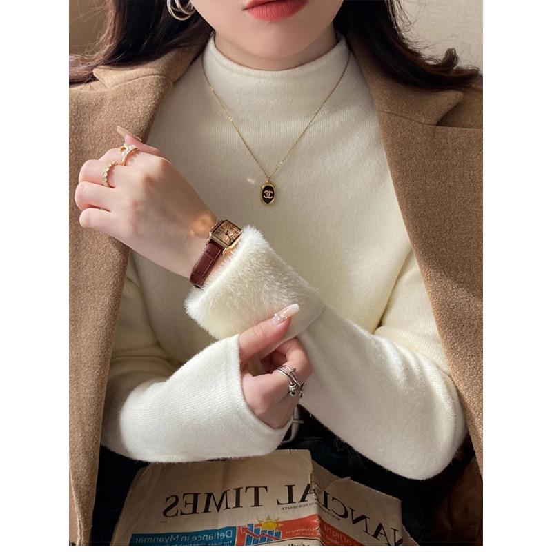Soft waxy thickened integrated velvet semi-turtleneck warm sweater women's spring temperament slim-fitting inner top bottoming shirt