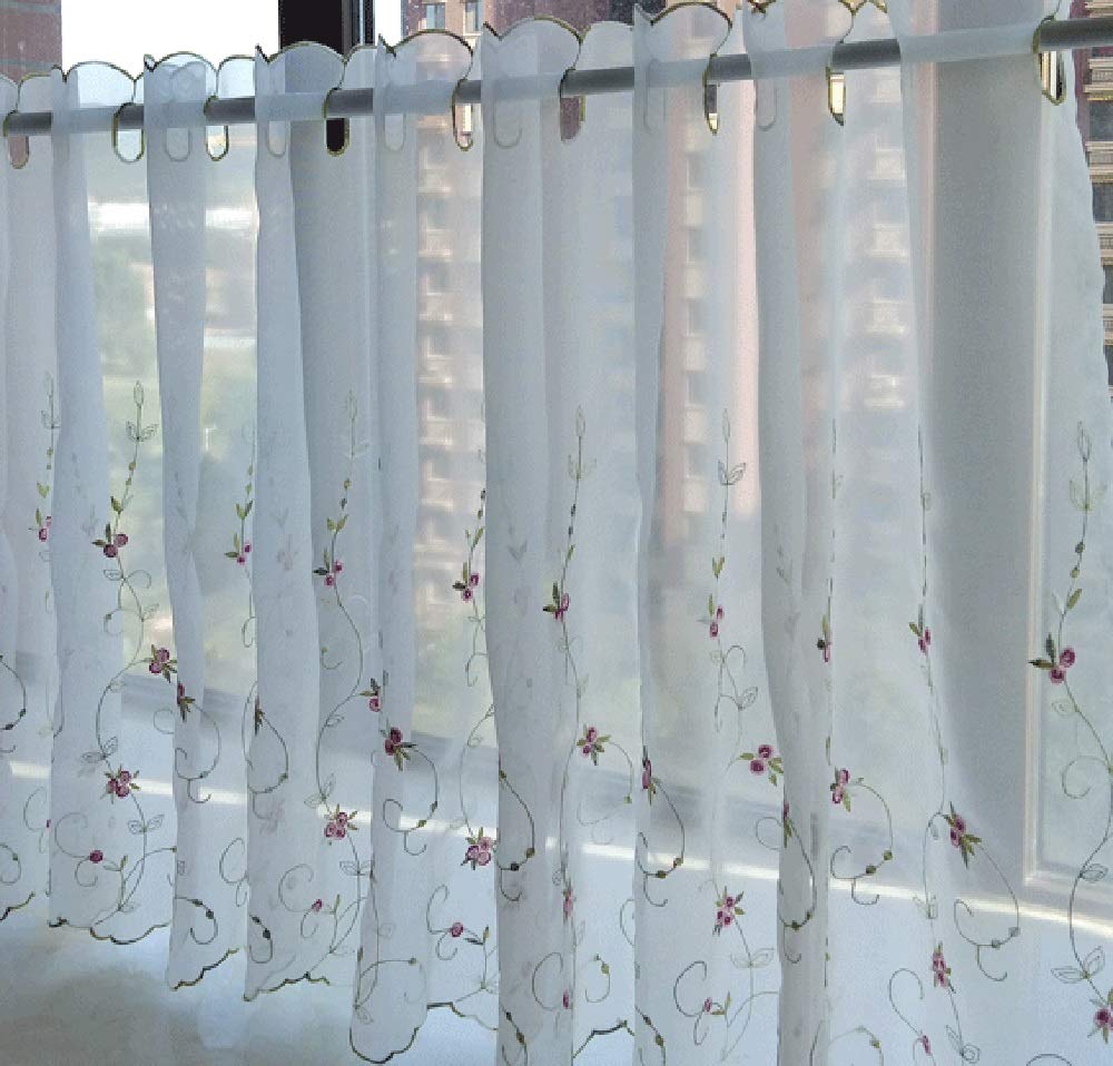 Pastoral white lace curtains with floral and green leaves good cafe short 9 sizes to choose for small coffee window 1 width 170cm x length 60cm