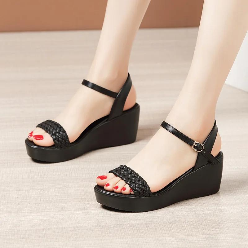 6cm Small Size 32-43 Comfortable Knit Leather Sandals Women's Platform Shoes 2025 Summer Med Heels Wedges Sandals for Office Mom