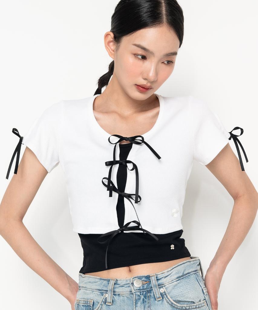 High School Disco Ribbon Point Crop Cardigan White