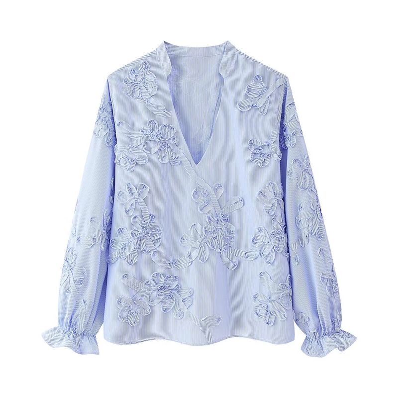 

Kaslead New Women clothes Western Style Texture Stripe Plate Flower Poplin Shirts 0387070 Blue L