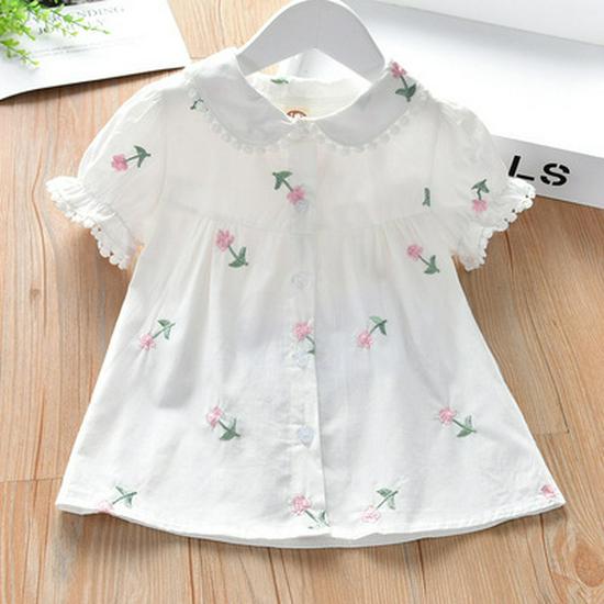 2025 New Summer Girls' Korean Style Embroidered Short Sleeve White Shirt