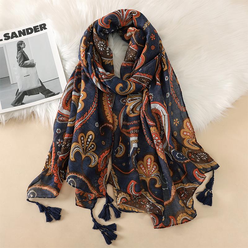 90*180CM New Fashion Printed Soft Linen Cotton Scarf Shawls Abstract Floral Tassel Viscose Scarves Lady High Quality Long Hijab