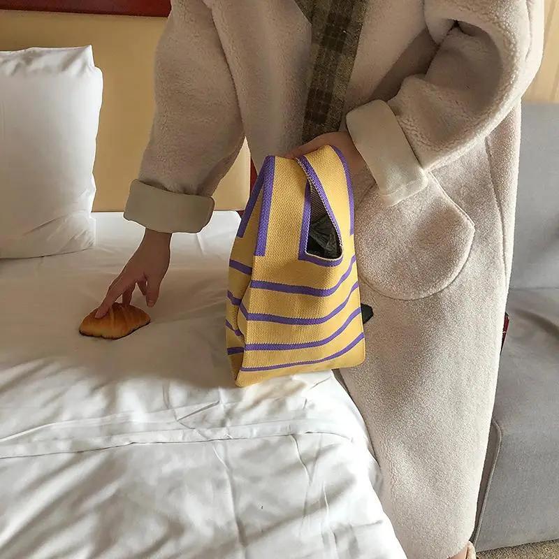 Stripe Handmade Knitted Women Shoulder Bags Casual Portable Ladies Small Handbags Shopper Student Reusable Girls Tote Wrist Bag