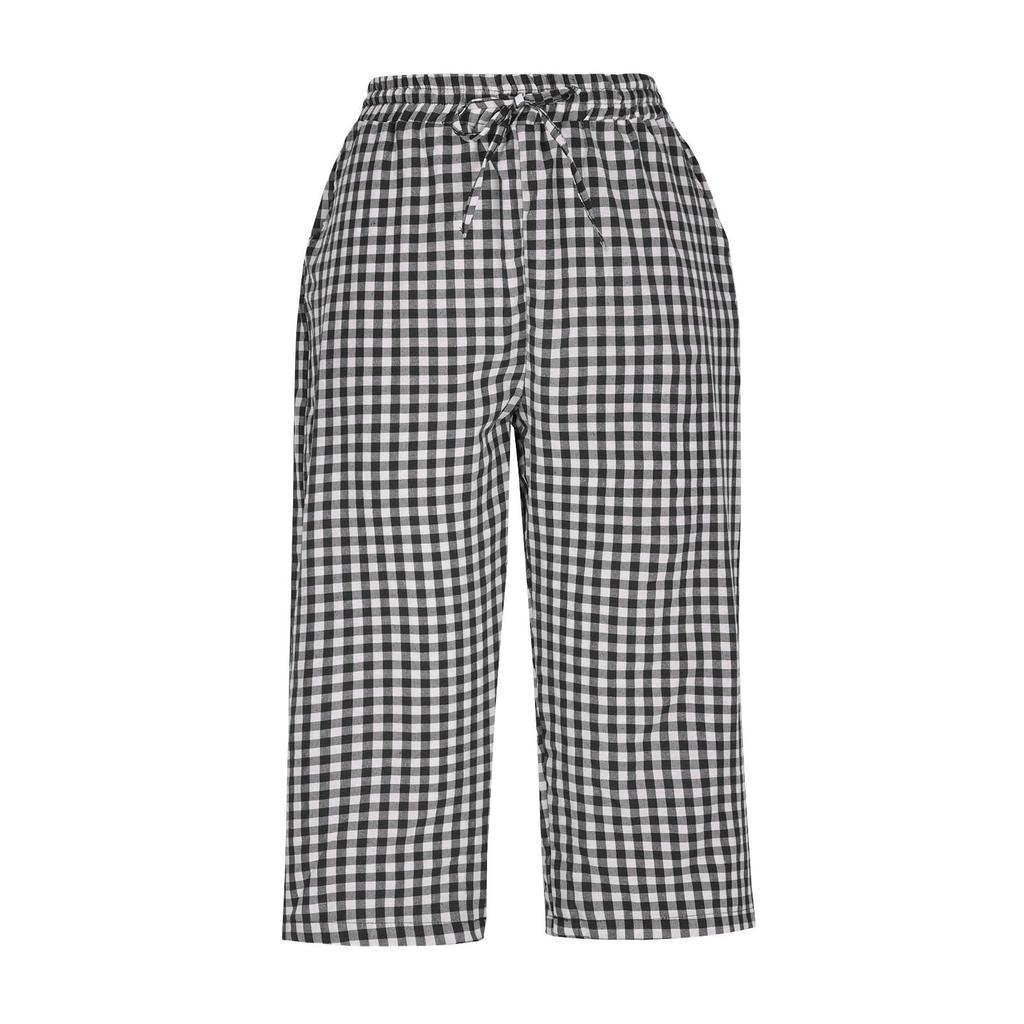 Women's Fashion Tartan Print Elastic Waistband Pocket Loose Casual Seven-Eighths 7/10 PantS