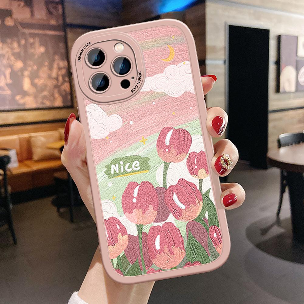 Slim Skin Feeling Cartoon Pink Flowers Soft Silicone PU Leather Cover Phone Case for iPhone Samsung Huawei Honor Xiaomi Redmi OPPO Realme Vivo