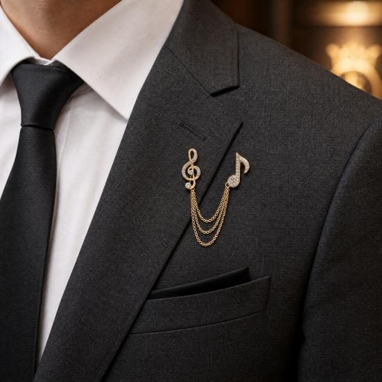 Brooch Pin for Women, Treble Clef Eighth Note Brooch with Staggered Metal Chains, Rhinestones Musical Design Lapel Pin for Musicians Formal Casual