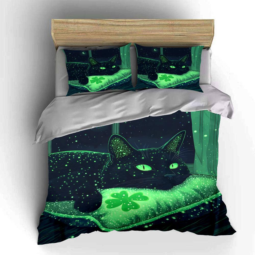 Glowing Black Cat with Clover Bedding Duvet Cover Set (1*Duvet Cover 2*Pillowcases, Without Duvet Insert)