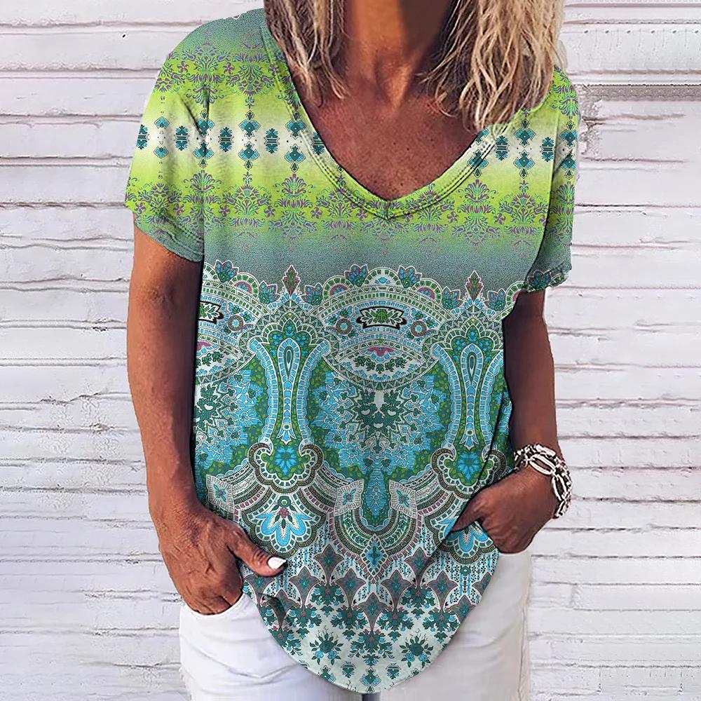 Fashion Women's T-shirt 3D Floral Print Tops Tees V Neck Short Sleeves Female Clothes Summer Large Size T Shirt Woman Clothing