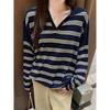 Striped polo collar soft waxy top women's spring and autumn new niche loose lazy wind loose knitted sweater